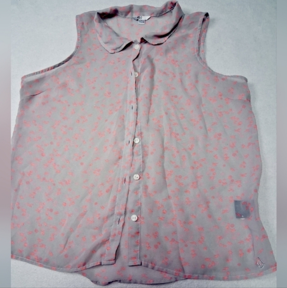 4/20$ ➡️ Volcom Sleeveless Sheer Button-Down Shirt - Gray and Pink Floral - Picture 5 of 5